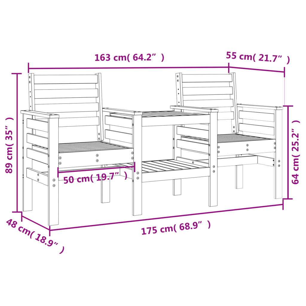 2-Seater Black Solid Pine Wood Garden Bench with Table