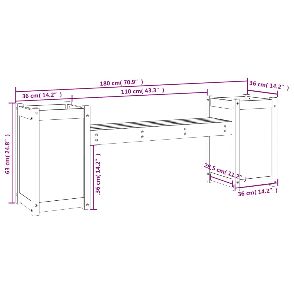 Solid Pine White Planter Bench - 180x36x63 cm Garden Furniture