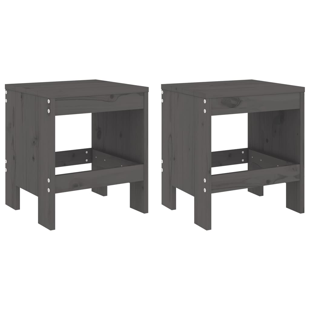 Set of 2 Grey Solid Pine Wood Garden Stools - 40x36x45 cm