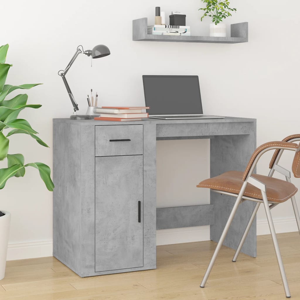 Concrete Grey Desk with Cabinet - Engineered Wood Office Solution