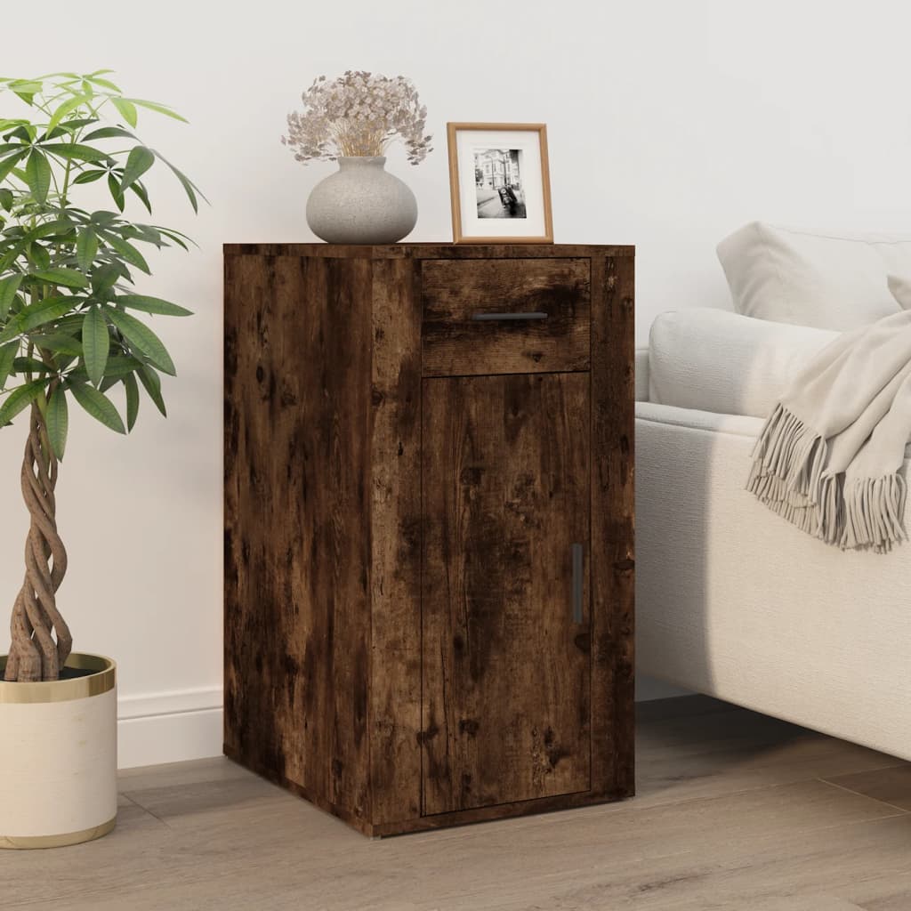 Smoked Oak Desk with Cabinet - Engineered Wood Elegance