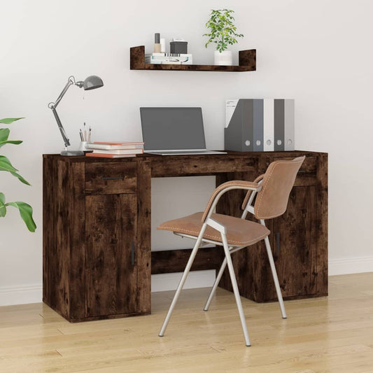 Smoked Oak Desk with Cabinet - Engineered Wood Elegance