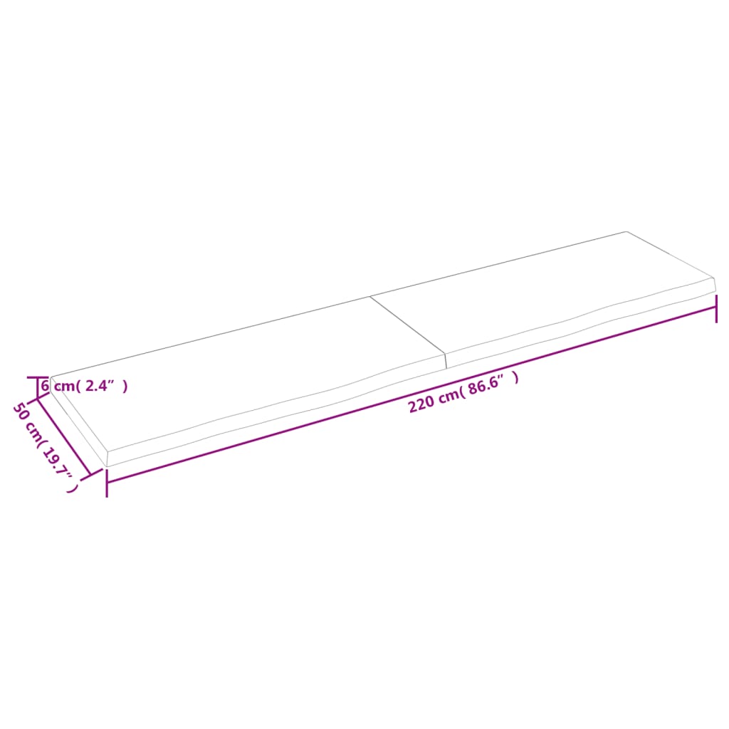 Solid Oak Table Top, Light Brown, 220x50x(2-6) cm, Durable Finish