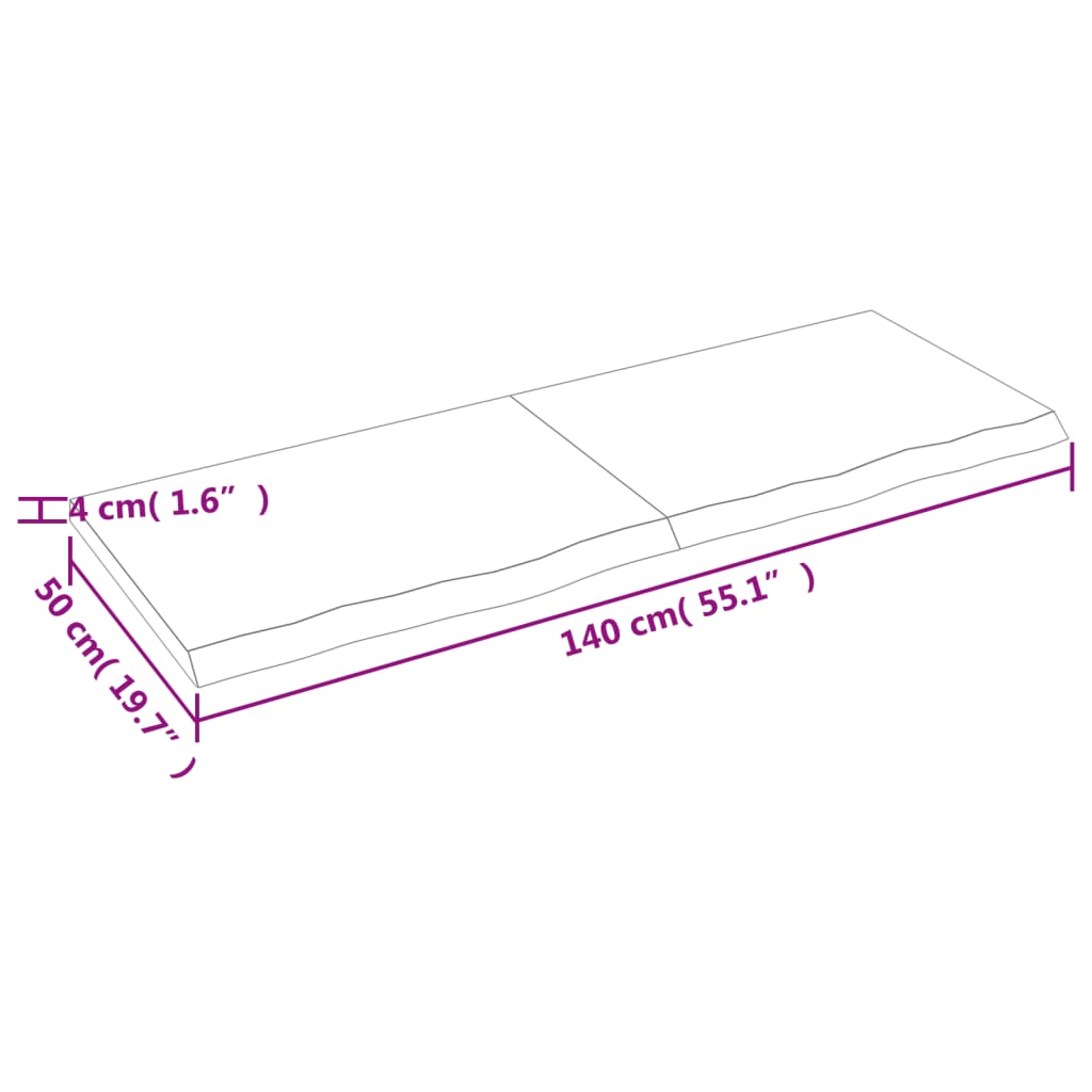 Solid Oak Table Top, Dark Brown, 140x50x(2-4) cm, Treated Wood