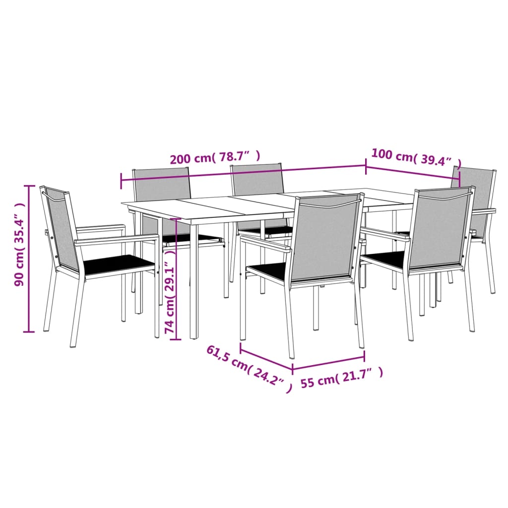 7 Piece Garden Dining Set Black Textilene and Steel