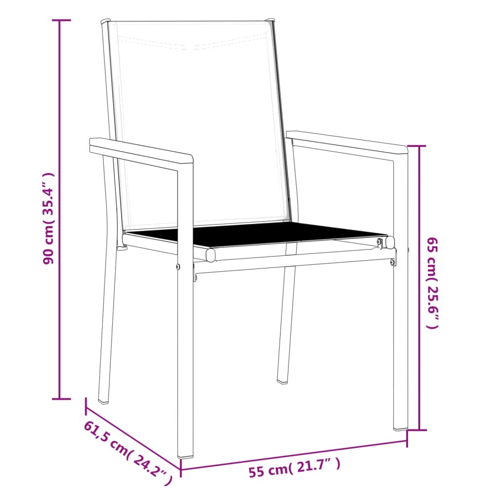 Set of 6 Black Garden Chairs - Textilene & Steel, 55x61.5x90 cm
