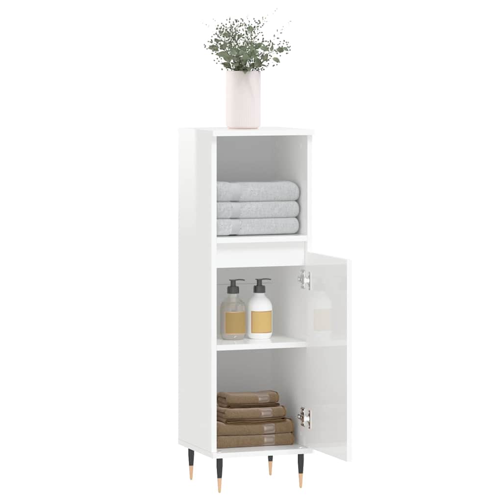 High Gloss White Bathroom Cabinet - Engineered Wood, 30x30x100 cm
