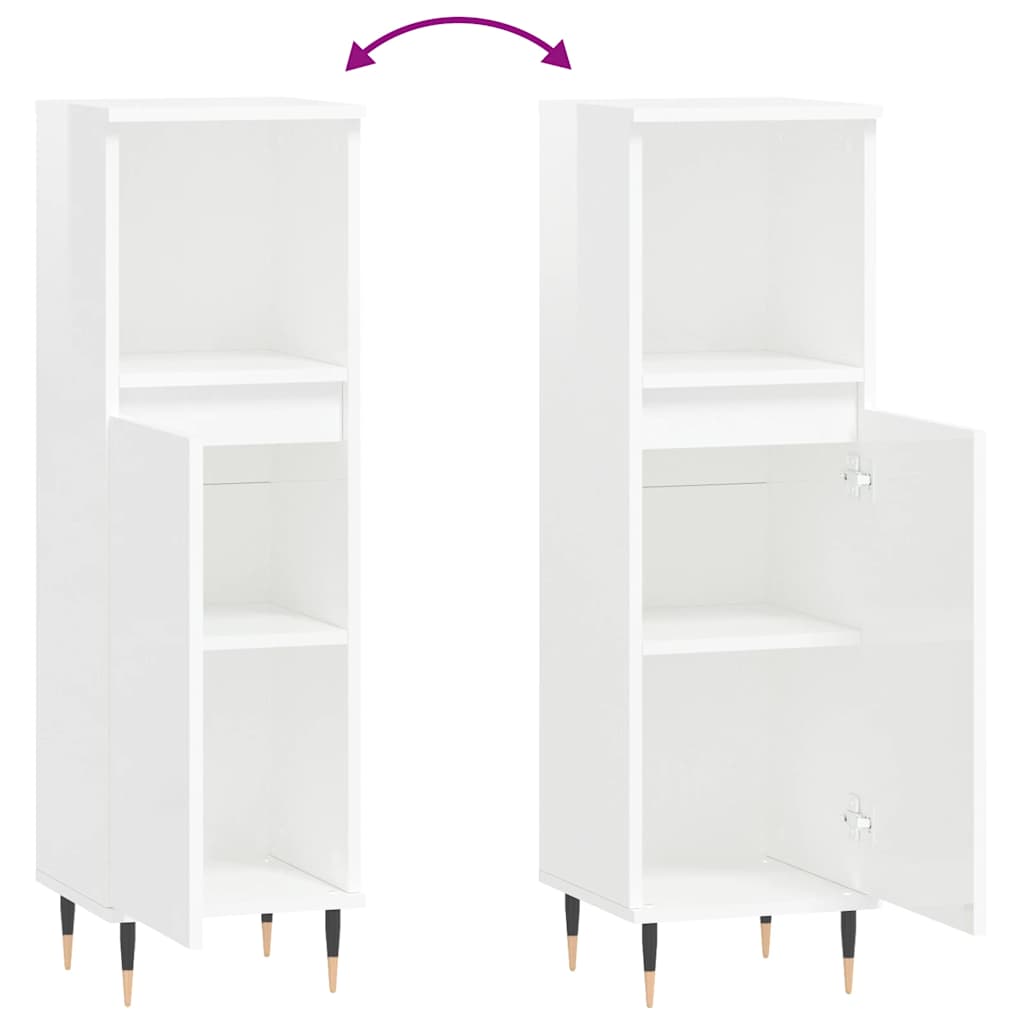 High Gloss White Bathroom Cabinet - Engineered Wood, 30x30x100 cm