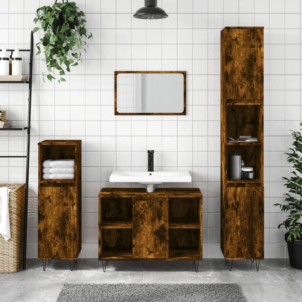 Smoked Oak Bathroom Cabinet - Engineered Wood, 30x30x100 cm