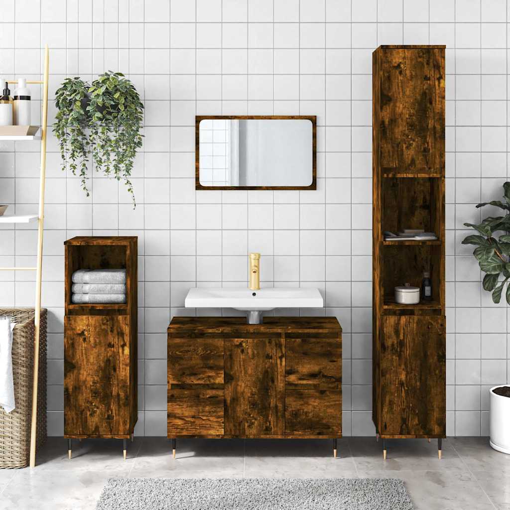 Smoked Oak Bathroom Cabinet - 80x33x60cm Engineered Wood