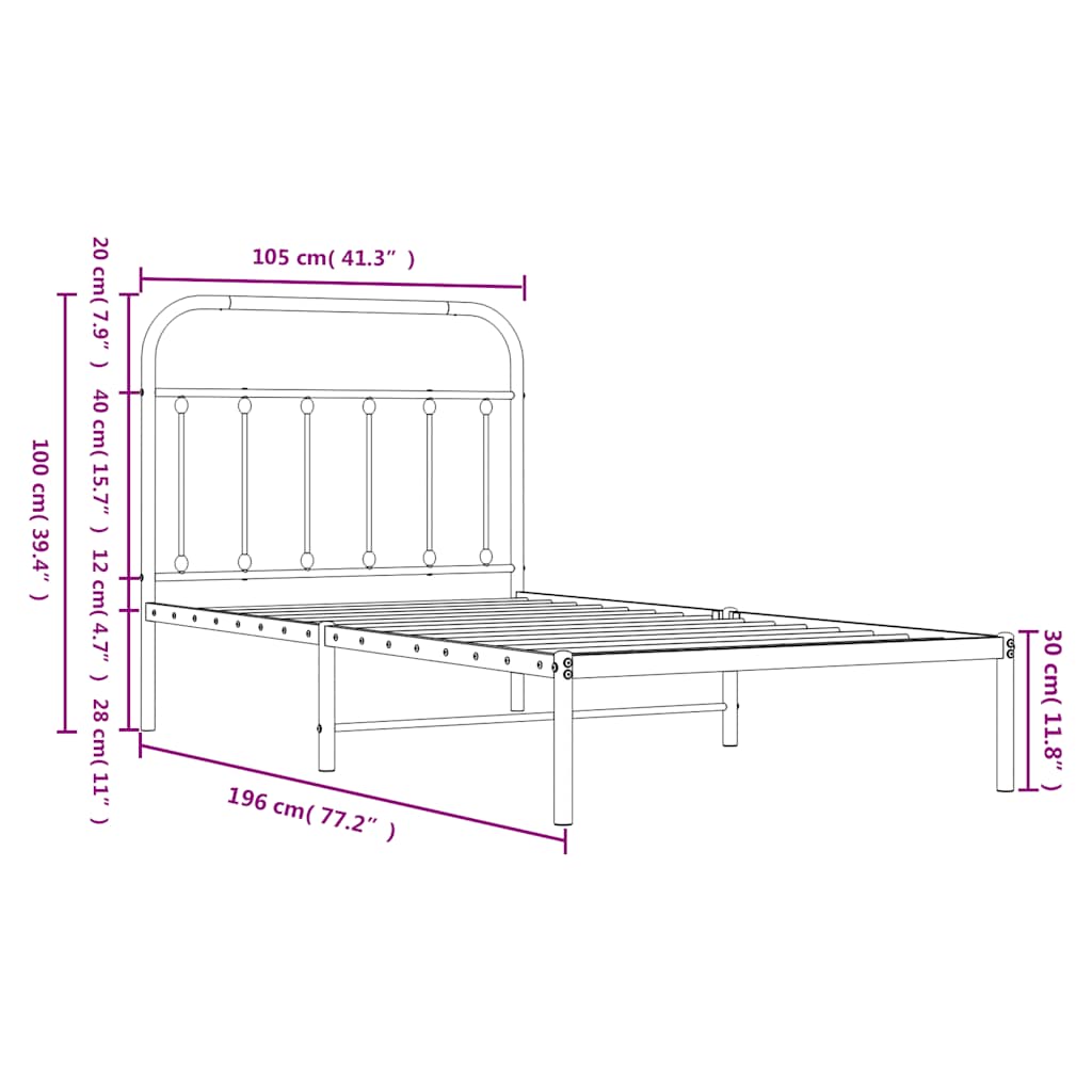 Black Metal Bed Frame with Headboard - 100x190cm, No Mattress