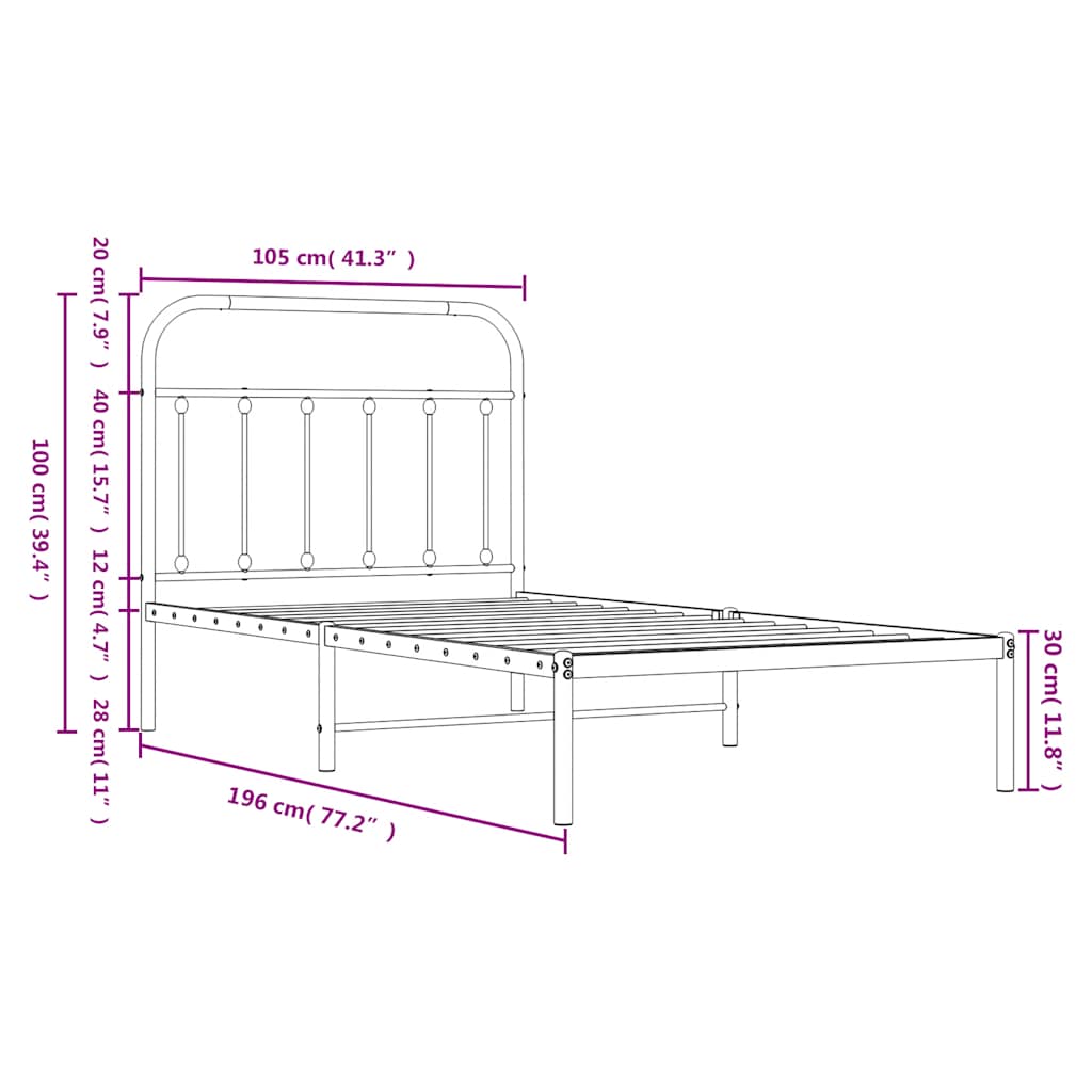 White Metal Bed Frame with Headboard, 100x190cm No Mattress