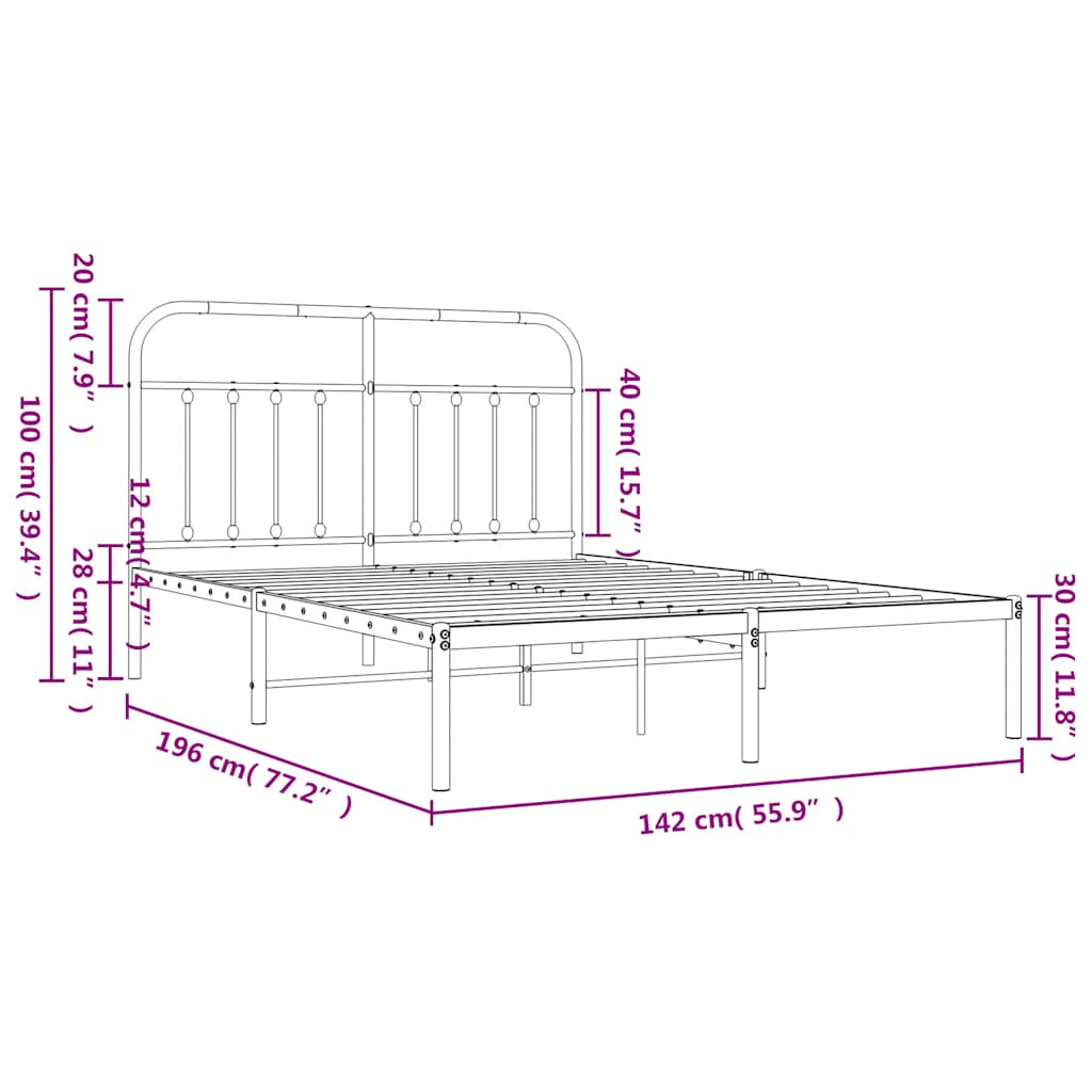 White Metal Bed Frame with Headboard - 135x190cm, No Mattress