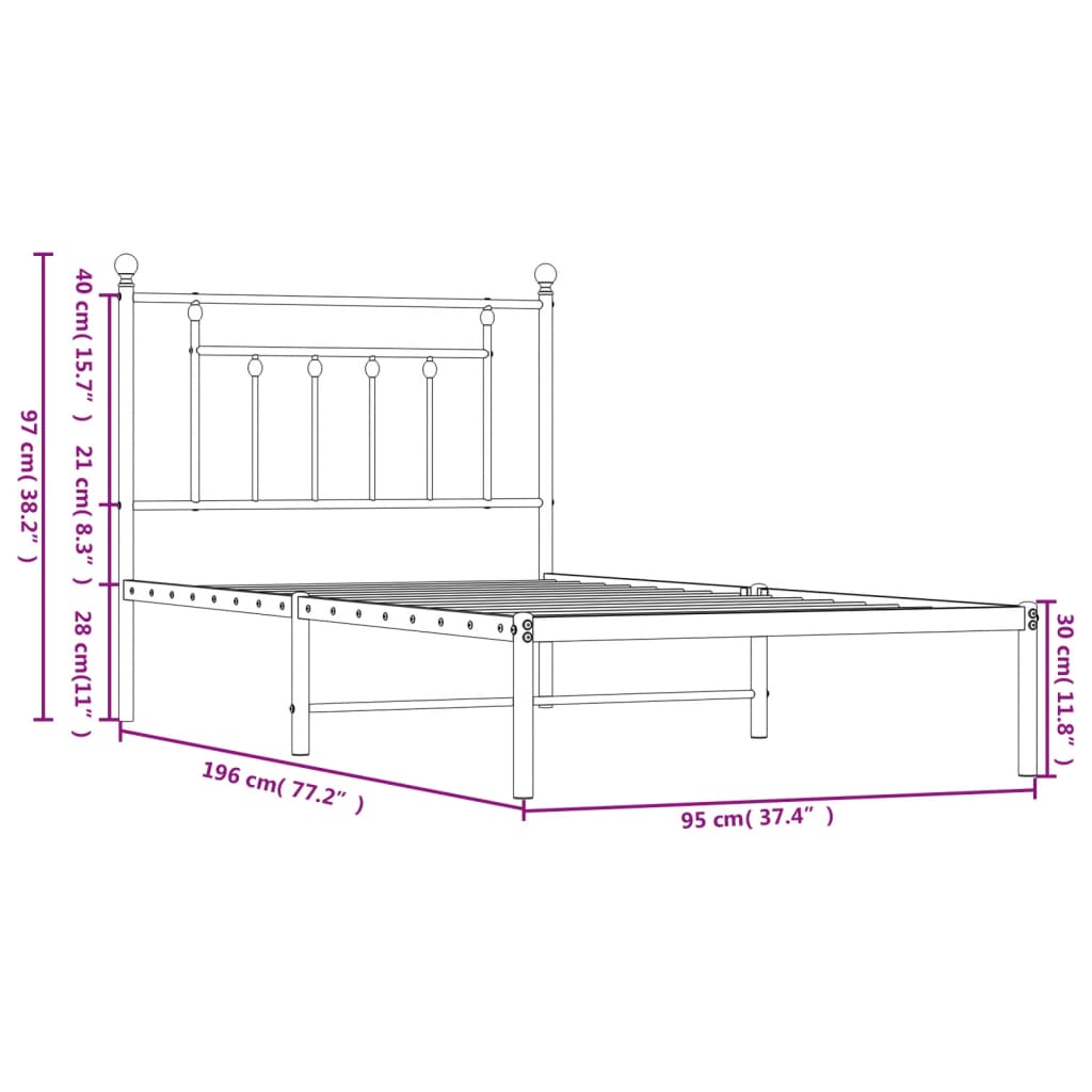 Black Metal Bed Frame with Headboard - 90x190cm, No Mattress