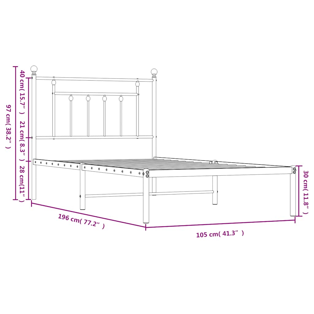 Black Metal Bed Frame with Headboard, 100x190cm - No Mattress