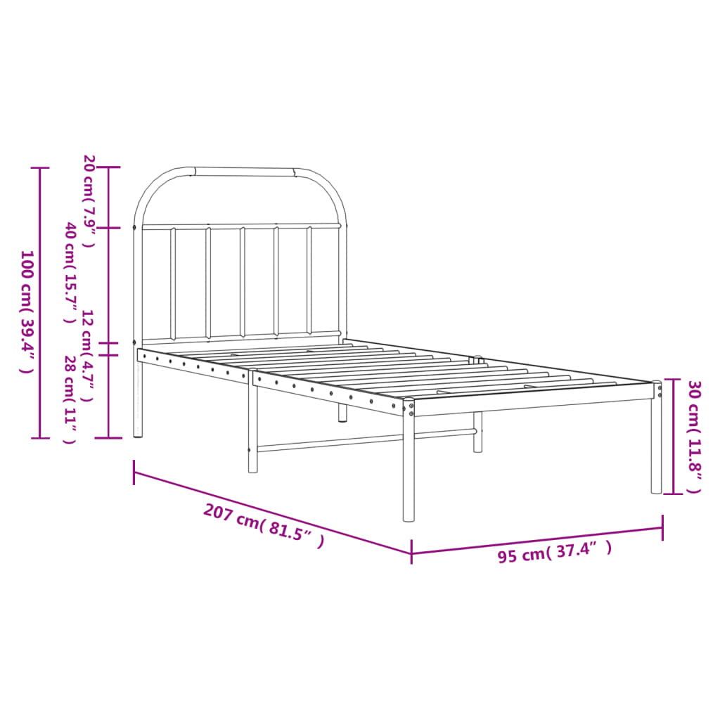 Sleek Black Metal Bed Frame With Headboard - 90x200cm