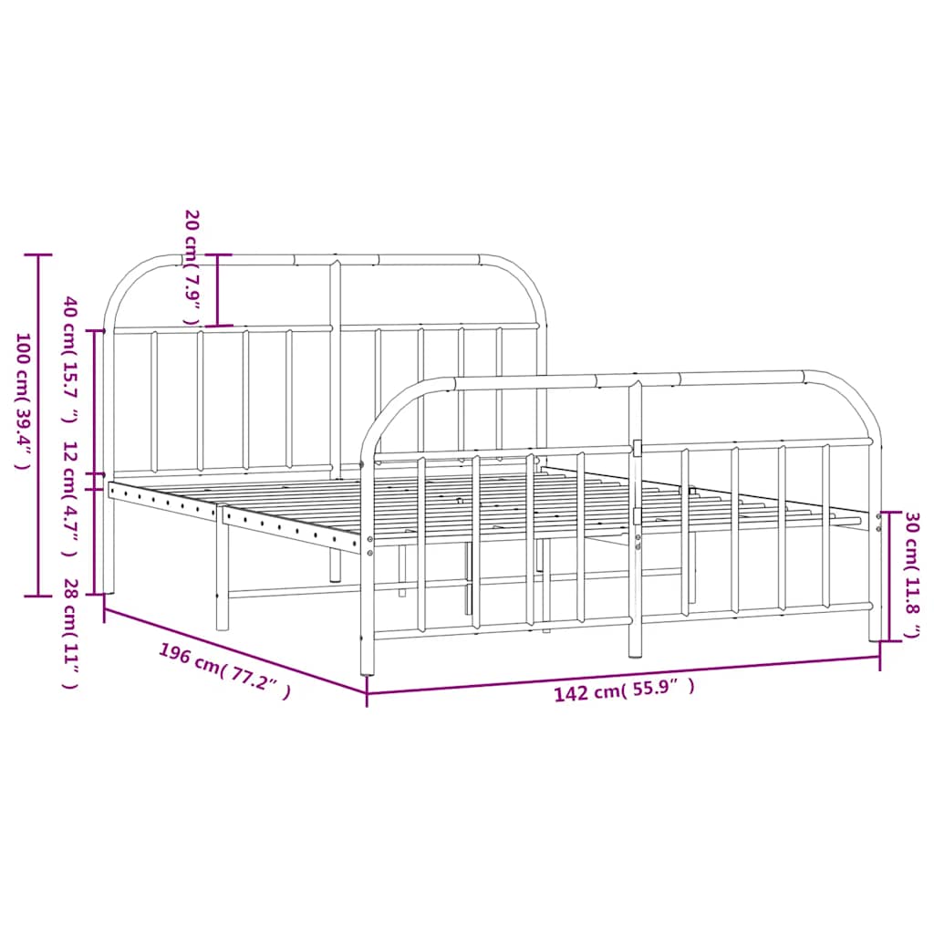 Metal Bed Frame without Mattress with Footboard Black 135x190cm