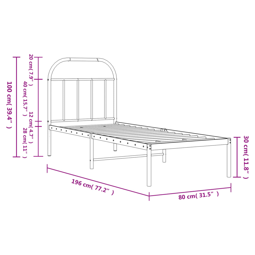 White Metal Bed Frame with Headboard, 75x190cm (No Mattress)