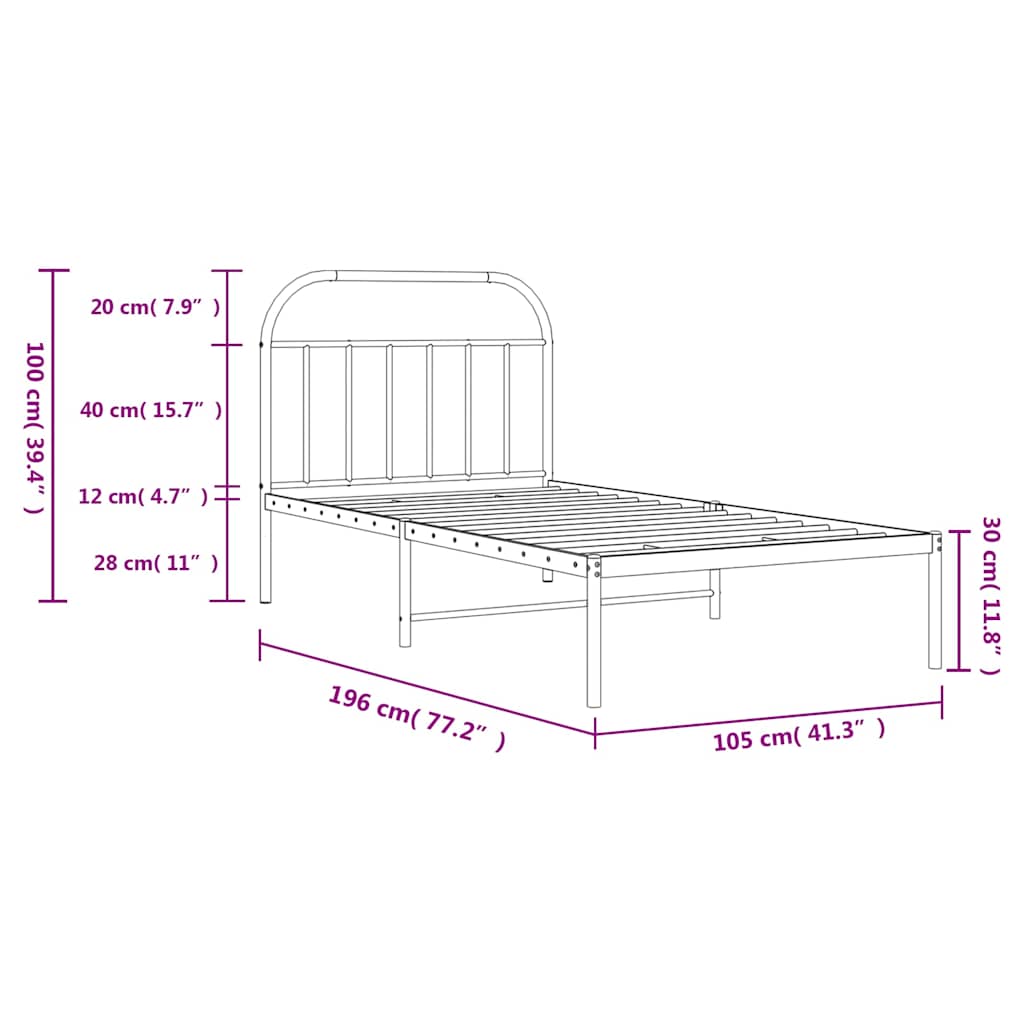 White Metal Bed Frame with Headboard - No Mattress - 100x190cm
