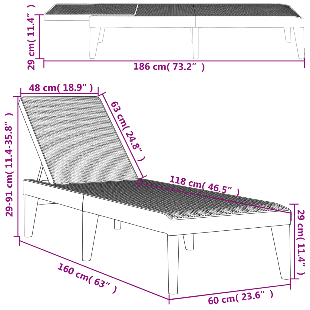 Anthracite Sun Lounger 186x60x29 cm - Durable PP Material