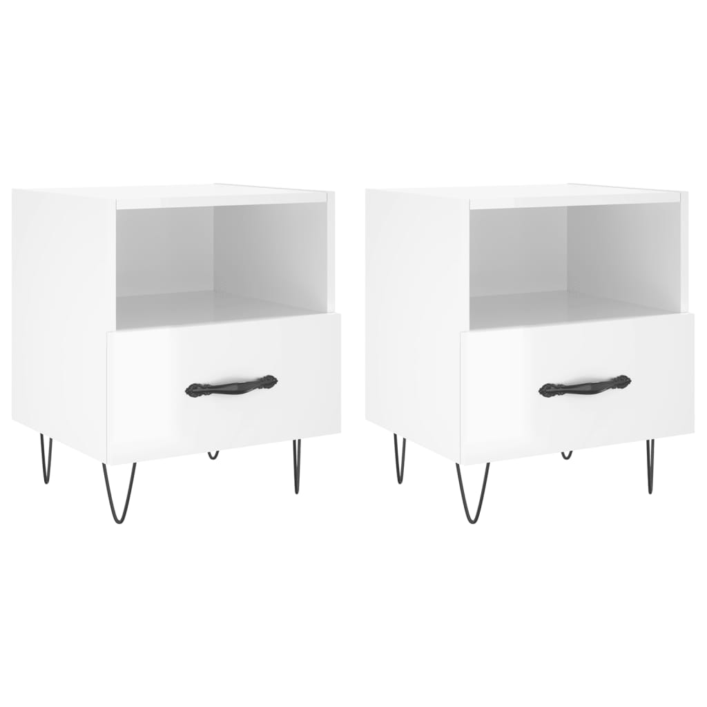 High Gloss White Bedside Cabinets Set - Engineered Wood, 40x35x47.5 cm