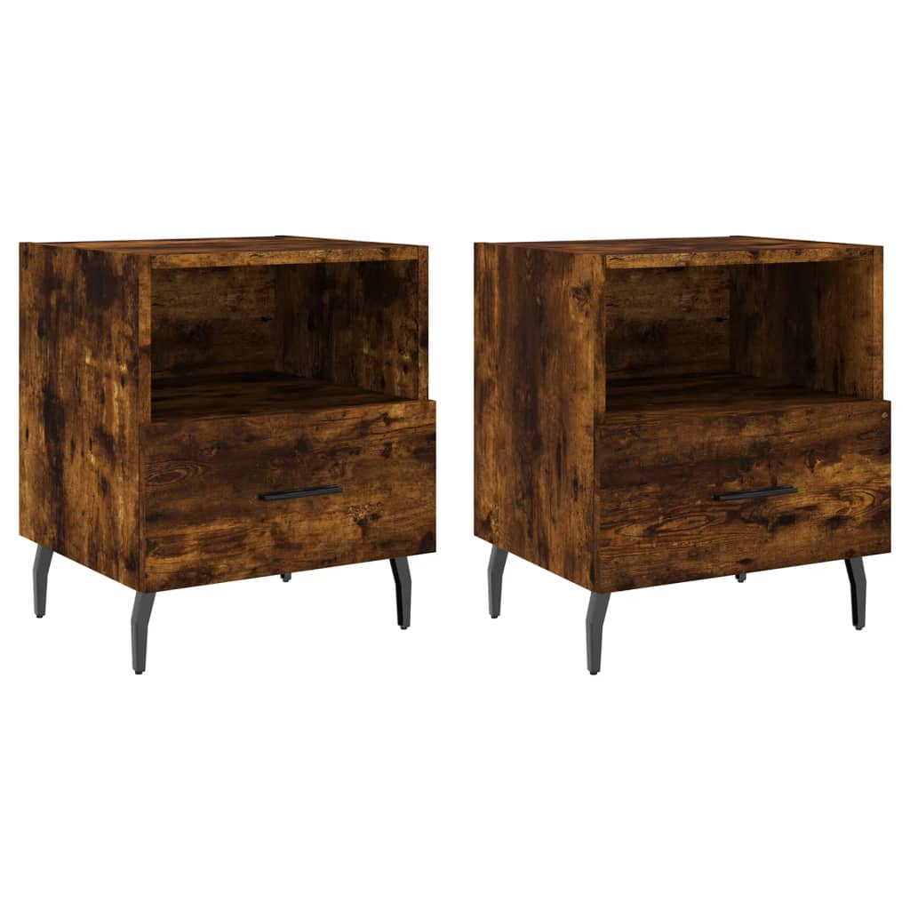 Set of 2 Smoked Oak Bedside Cabinets - 40x35x47.5cm Engineered Wood