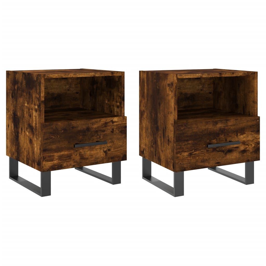 Set of 2 Smoked Oak Bedside Cabinets, Engineered Wood, 40x35x47.5cm