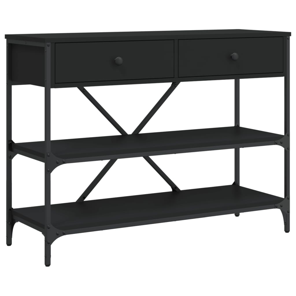 Black Engineered Wood Console Table with Drawers & Shelves