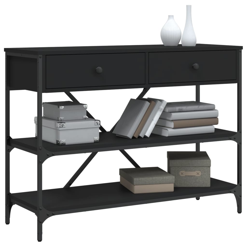 Black Engineered Wood Console Table with Drawers & Shelves
