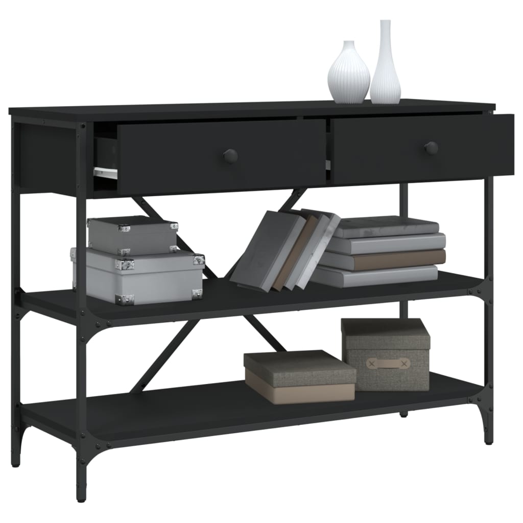 Black Engineered Wood Console Table with Drawers & Shelves