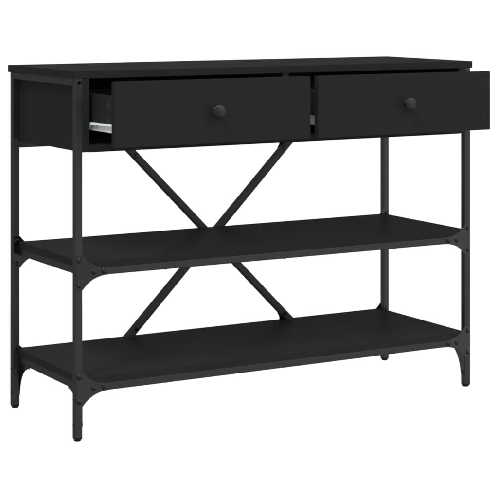 Black Engineered Wood Console Table with Drawers & Shelves