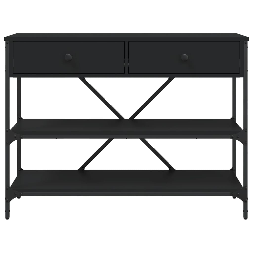 Black Engineered Wood Console Table with Drawers & Shelves