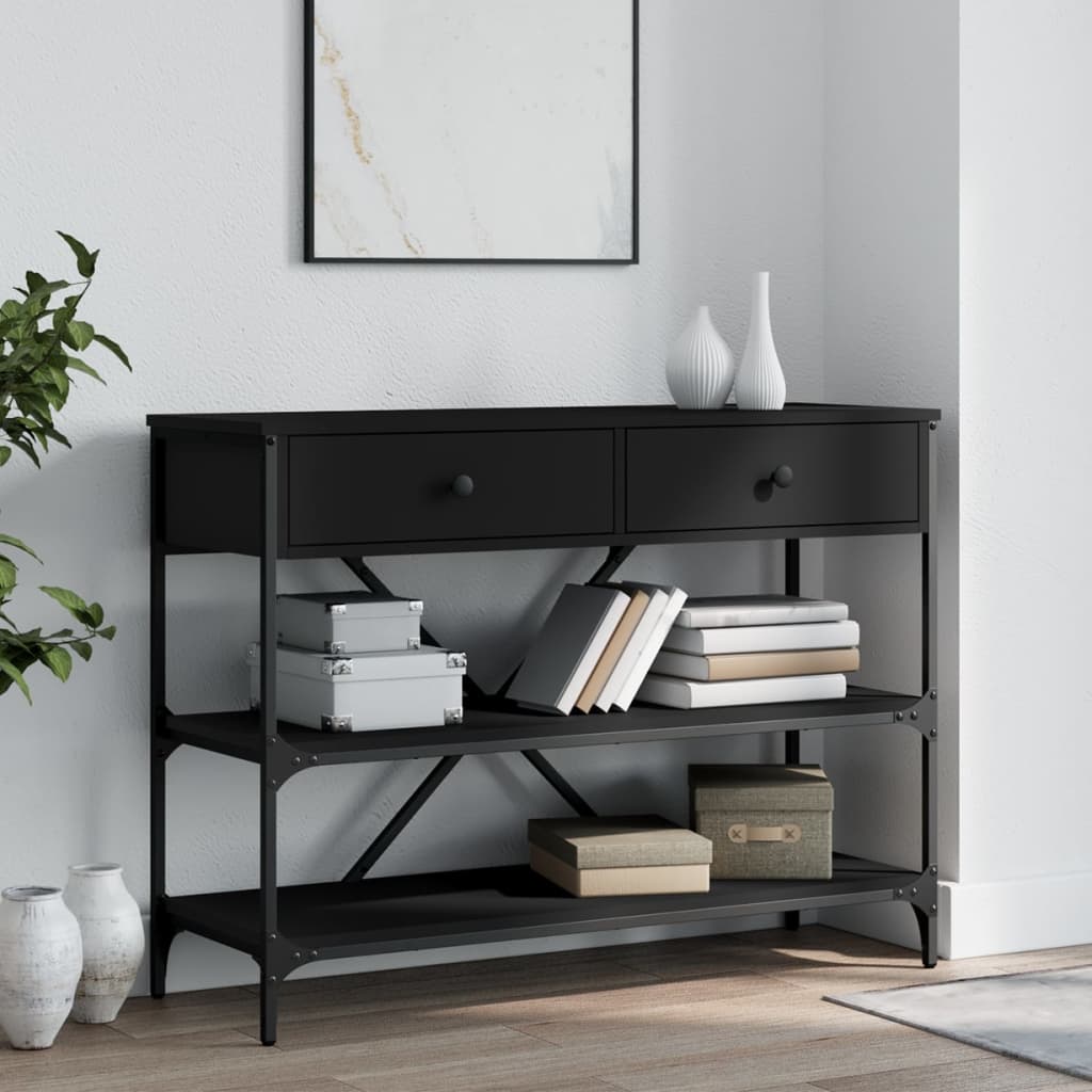 Black Engineered Wood Console Table with Drawers & Shelves