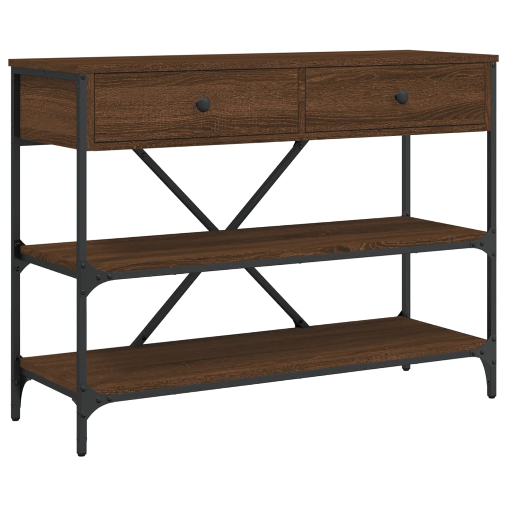 Brown Oak Console Table with Drawers & Shelves - Engineered Wood