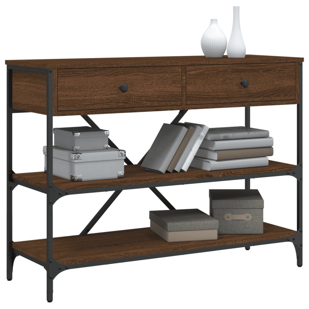 Brown Oak Console Table with Drawers & Shelves - Engineered Wood