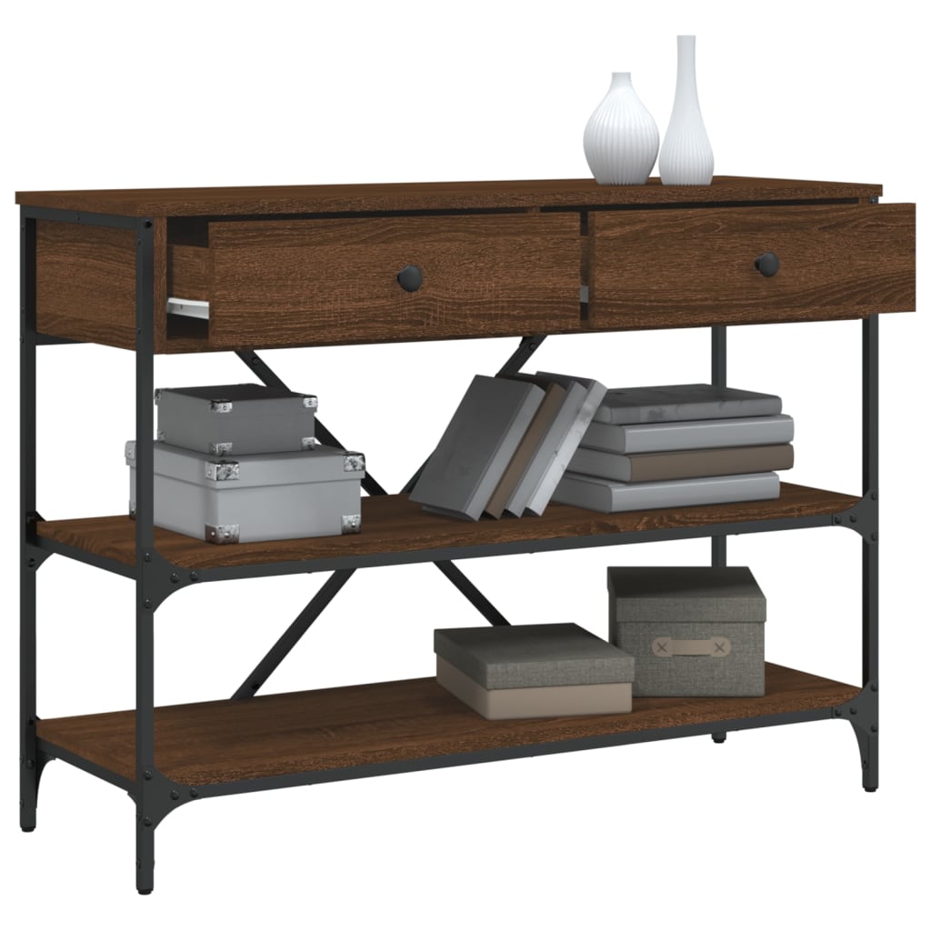 Brown Oak Console Table with Drawers & Shelves - Engineered Wood