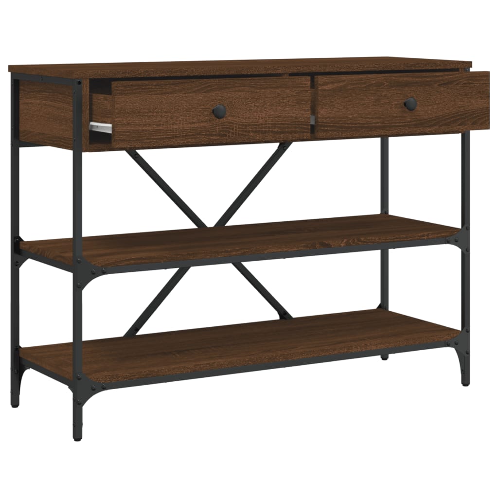 Brown Oak Console Table with Drawers & Shelves - Engineered Wood