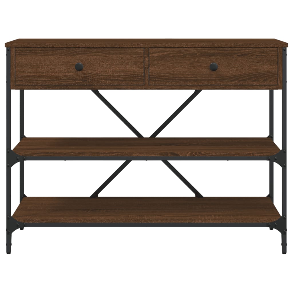 Brown Oak Console Table with Drawers & Shelves - Engineered Wood