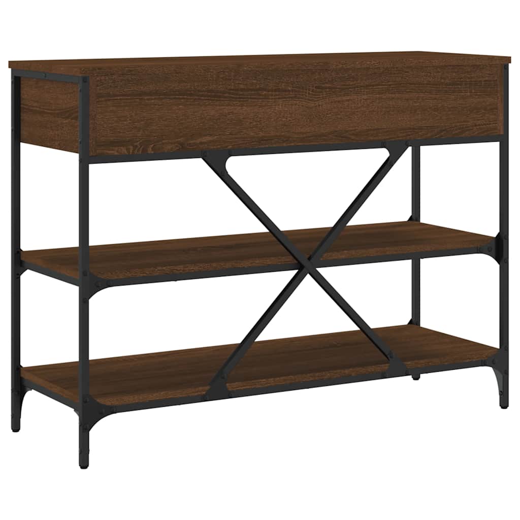 Brown Oak Console Table with Drawers & Shelves - Engineered Wood