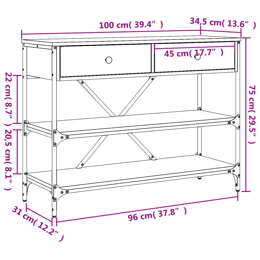 Brown Oak Console Table with Drawers & Shelves - Engineered Wood