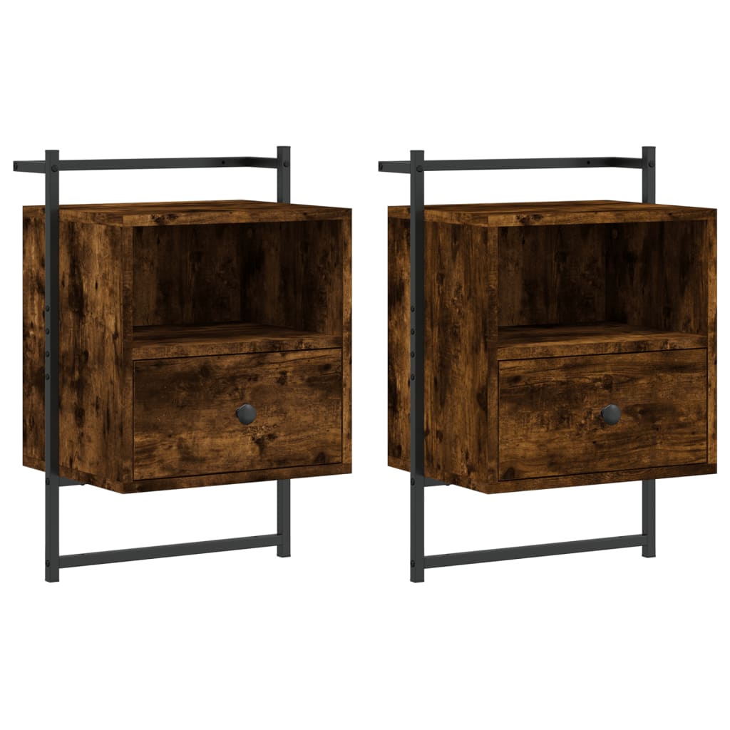 Wall-Mounted Smoked Oak Bedside Cabinets Set - 40x30x61 cm