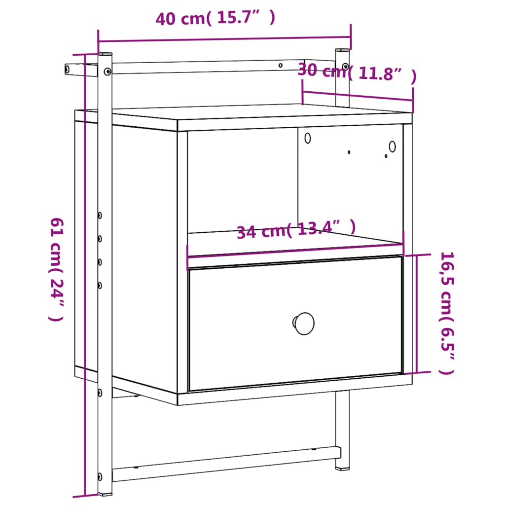 Wall-Mounted Smoked Oak Bedside Cabinets Set - 40x30x61 cm