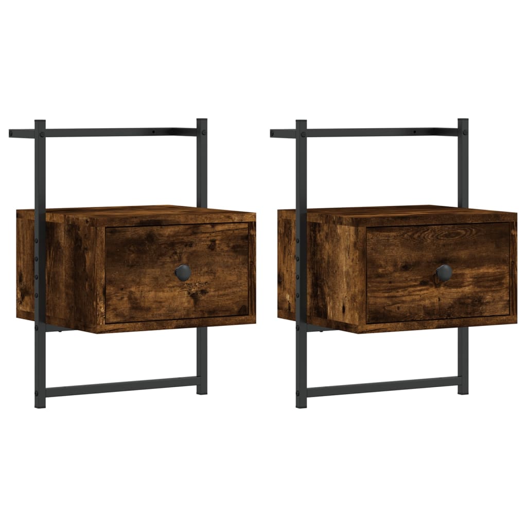 Smoked Oak Wall-Mounted Bedside Cabinets Set - 35x30x51 cm