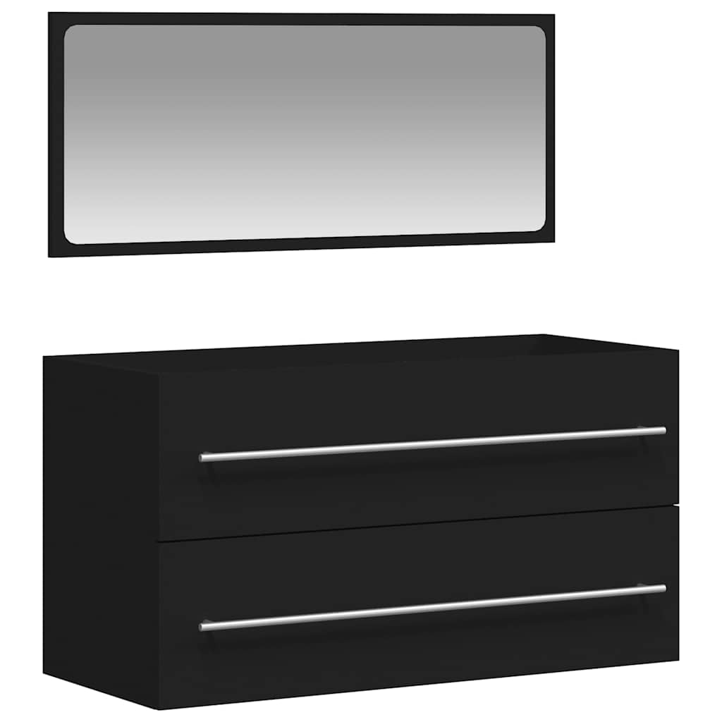 Black Engineered Wood Bathroom Cabinet with Mirror - 70cm