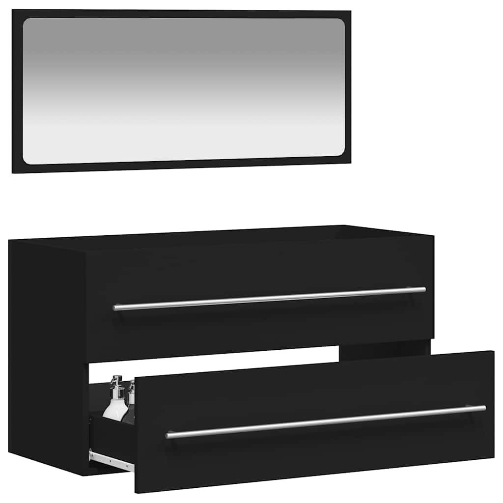 Black Engineered Wood Bathroom Cabinet with Mirror - 70cm