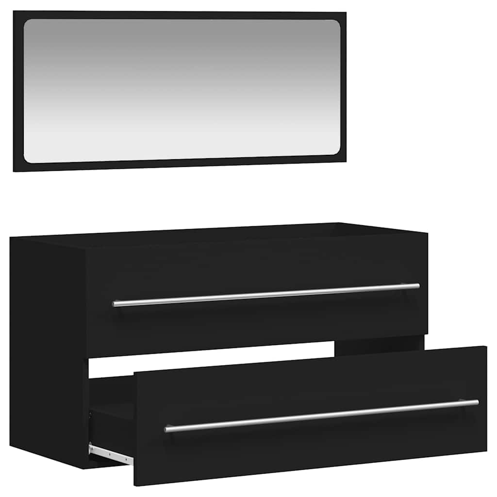 Black Engineered Wood Bathroom Cabinet with Mirror - 70cm