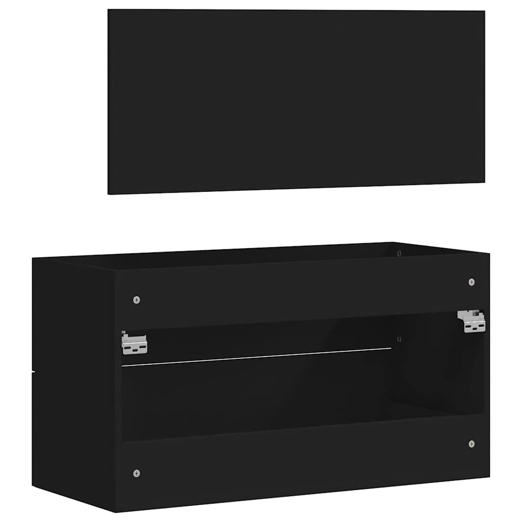 Black Engineered Wood Bathroom Cabinet with Mirror - 70cm