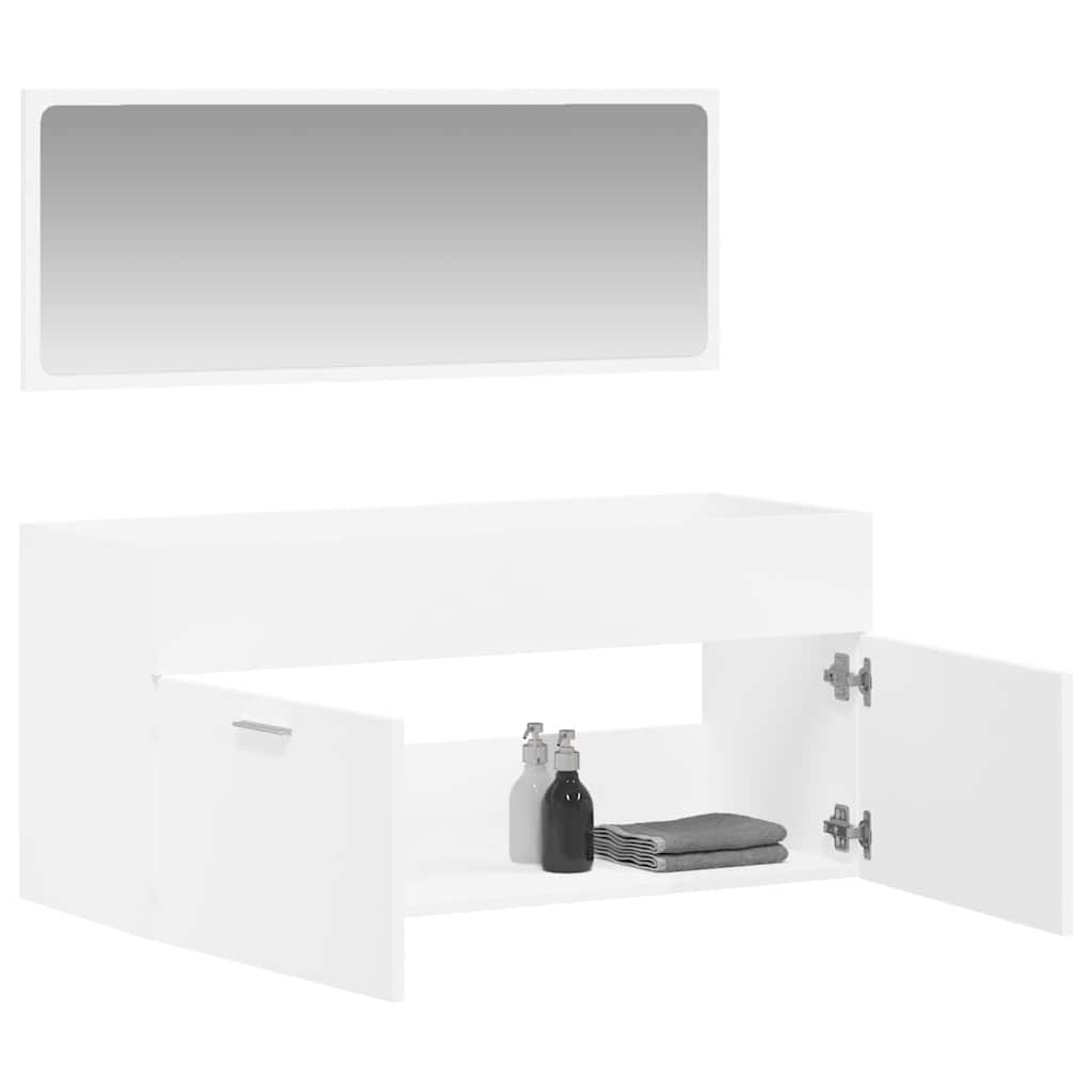 White Engineered Wood Bathroom Cabinet with Mirror