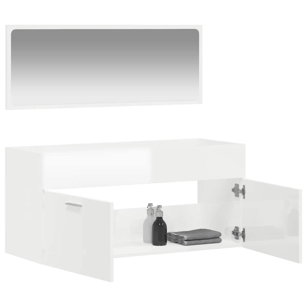 High Gloss White Bathroom Cabinet with Mirror - Engineered Wood