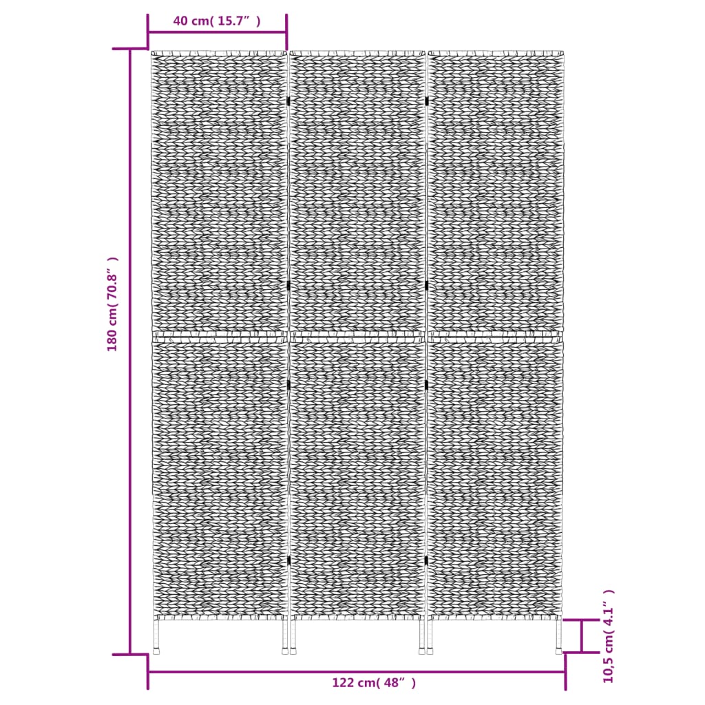 3-Panel Brown Water Hyacinth Room Divider 122x180 cm